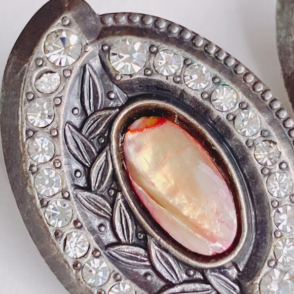 Vintage Nuri Earrings Silver Tone Shell Cabochon Art Nouveau Style 1980s Pierced - Picture 3 of 8